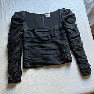 KHAITE black ruched long sleeve square neck top